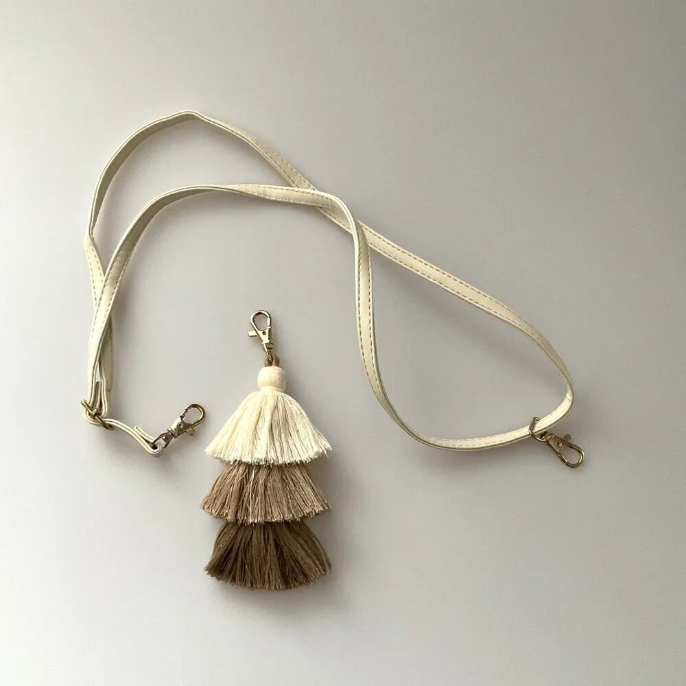 New Boho Tri-Layered Tassel Bag Charm & Long Strap Ombré Neutral Necklace